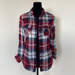 Rue 21 Plaid Collared Long Sleeve Shirt With Roll Up Tabs Size Small